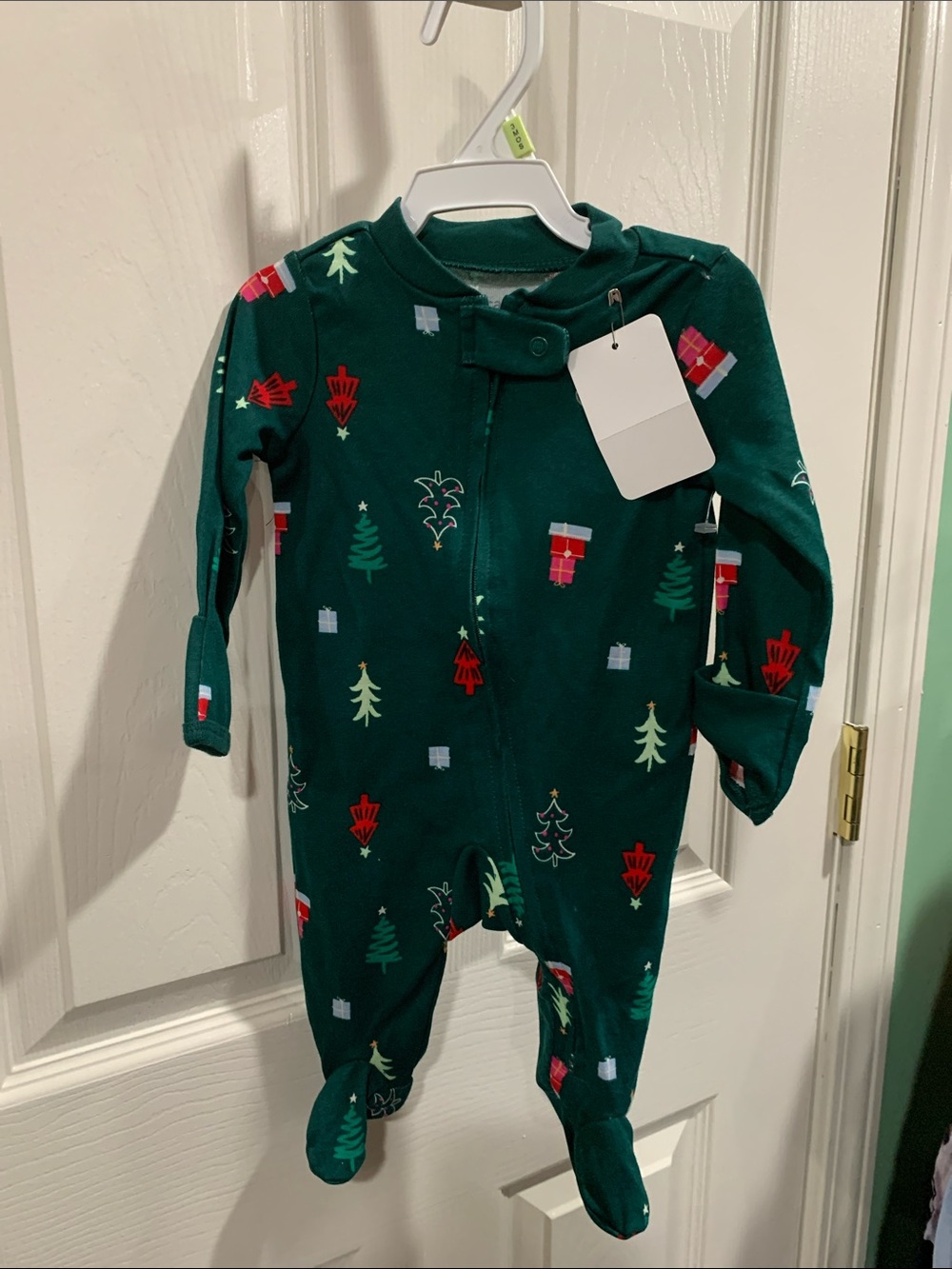 Infant Green Holiday Tree Print One-Piece Pajamas